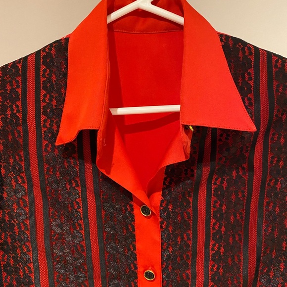 Red & black lace button down, long sleeve blouse. Size medium - Picture 9 of 12